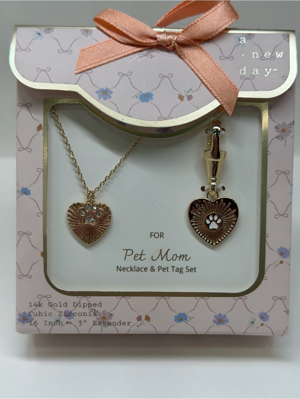 a new day Rose Gold Pet Mom Heart Necklace & Paw Tag Set